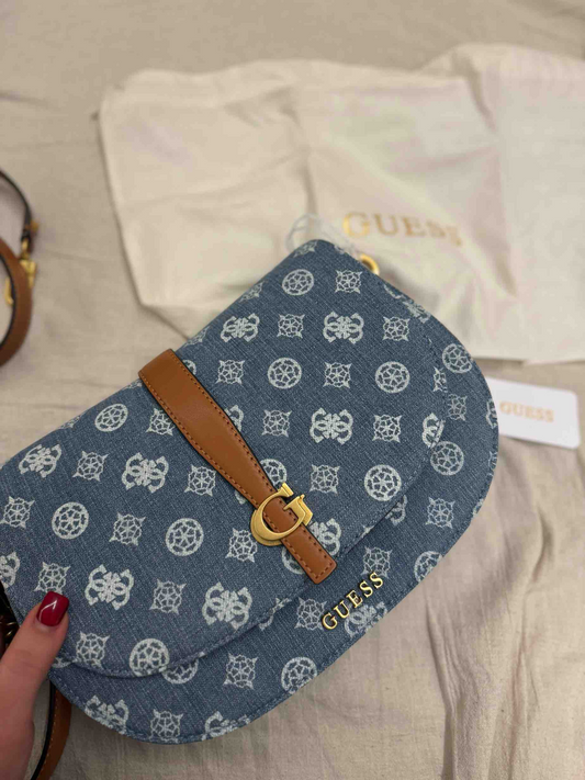 GUESS Denim Shoulder Bag – Blue Quilted Denim with Gold Hardware