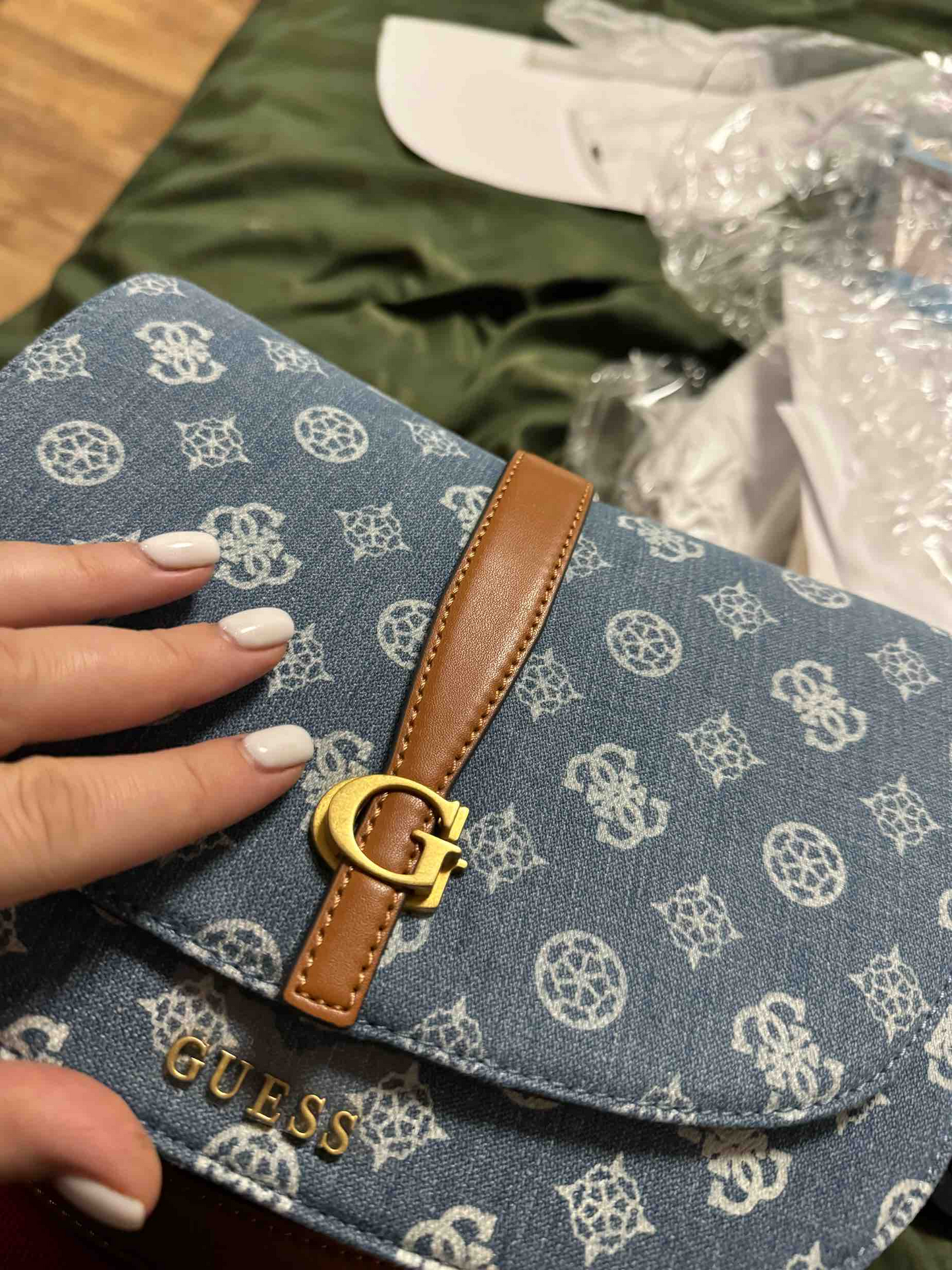 GUESS Denim Shoulder Bag – Blue Quilted Denim with Gold Hardware