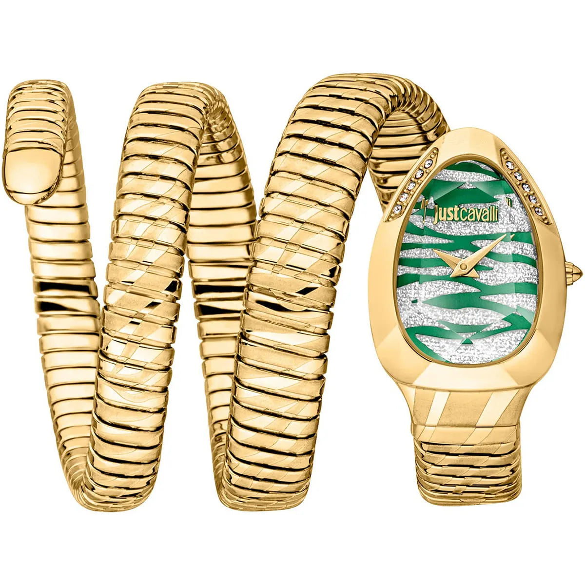 Just Cavalli Women’s JC1L226M0035 Quartz Watch – Signature Snake Design, Green & Silver Dial, Gold Stainless Steel Bracelet