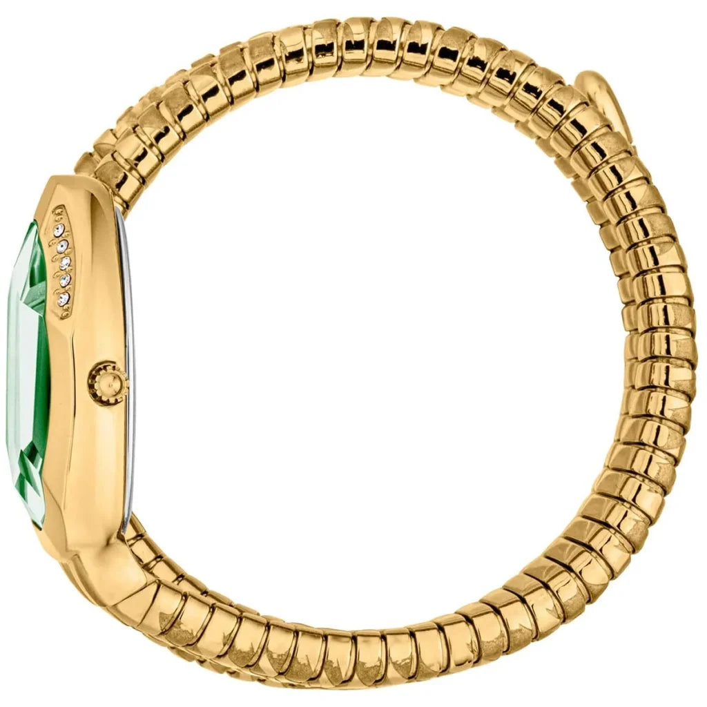 Just Cavalli Women’s JC1L226M0035 Quartz Watch – Signature Snake Design, Green & Silver Dial, Gold Stainless Steel Bracelet