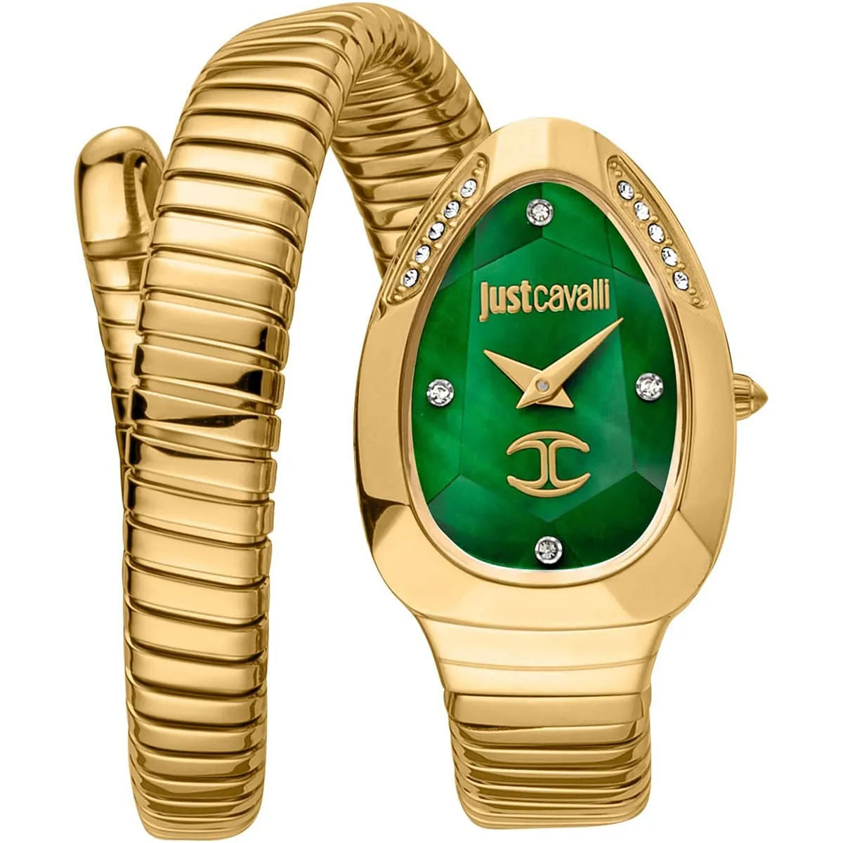 Just Cavalli JC1L229M0035 Women’s Signature Snake Watch – Gold Stainless Steel Bracelet with Green Dial, 22mm Luxury Quartz Timepiece