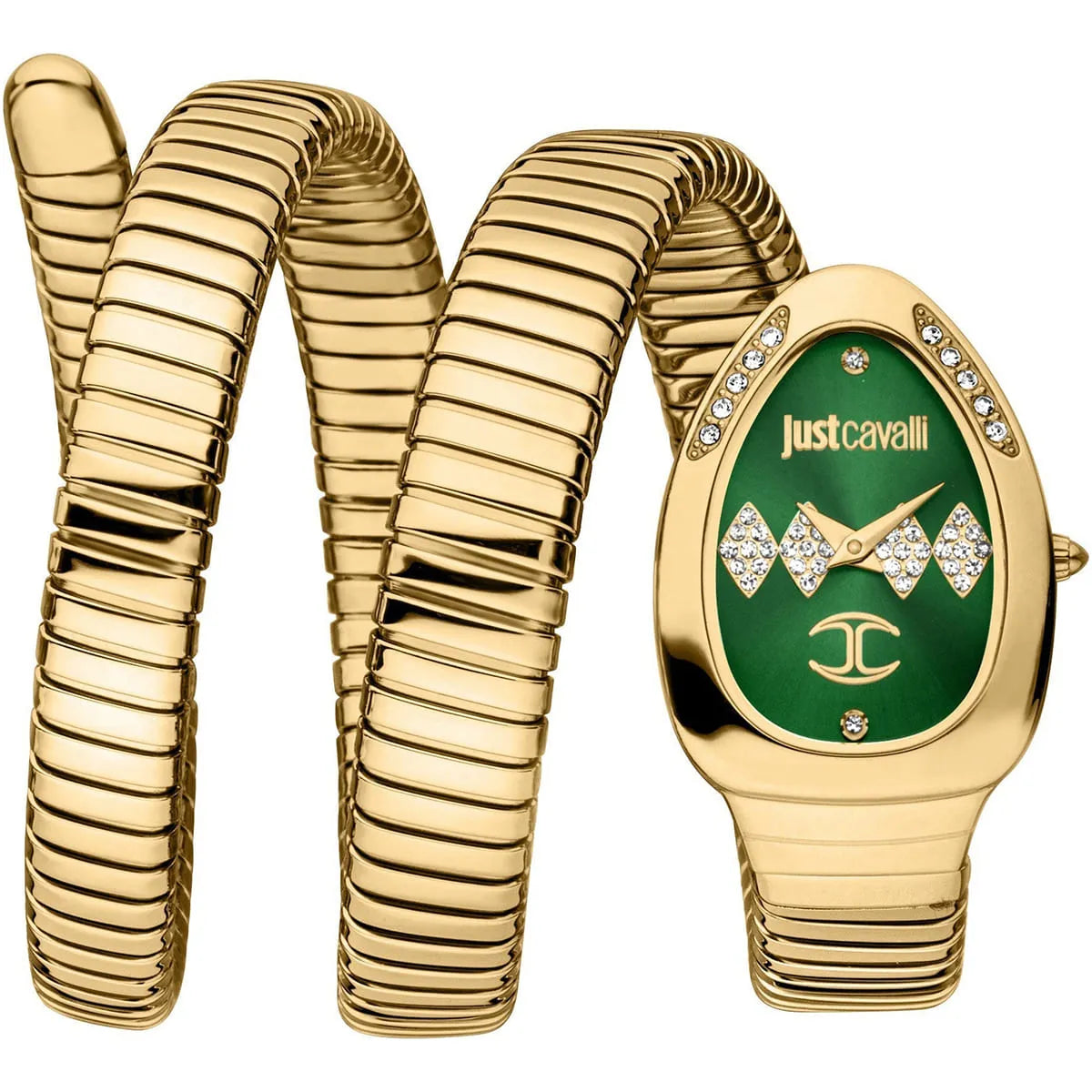 Just Cavalli JC1L230M0045 Women’s Signature Snake Watch – Gold Stainless Steel Bracelet with Green Dial, Oval Luxury Quartz Timepiece