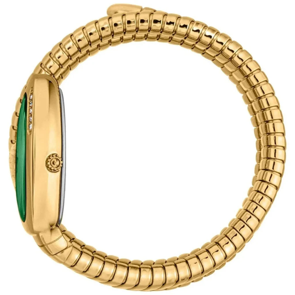 Just Cavalli JC1L230M0045 Women’s Signature Snake Watch – Gold Stainless Steel Bracelet with Green Dial, Oval Luxury Quartz Timepiece