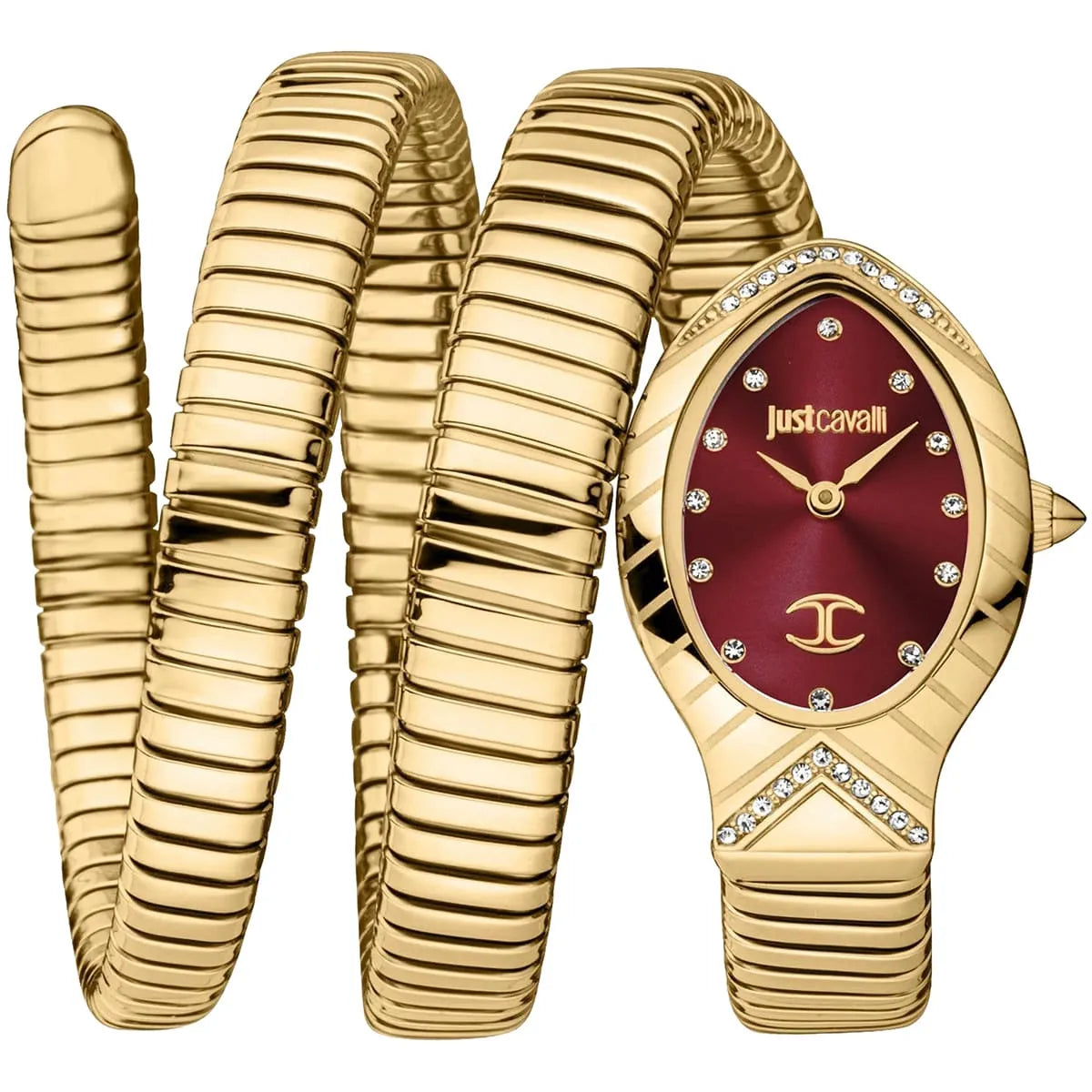 Just Cavalli Women’s JC1L248M0035 Quartz Watch – Signature Snake Design, Red Dial, Gold Stainless Steel Bracelet
