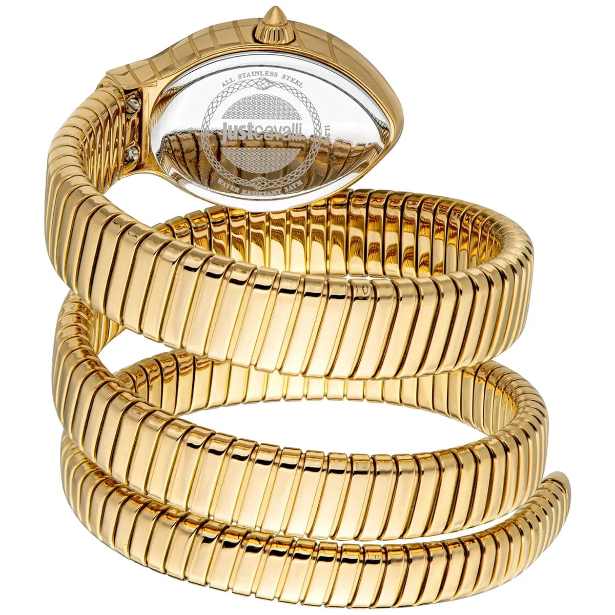 Just Cavalli Women’s JC1L248M0035 Quartz Watch – Signature Snake Design, Red Dial, Gold Stainless Steel Bracelet