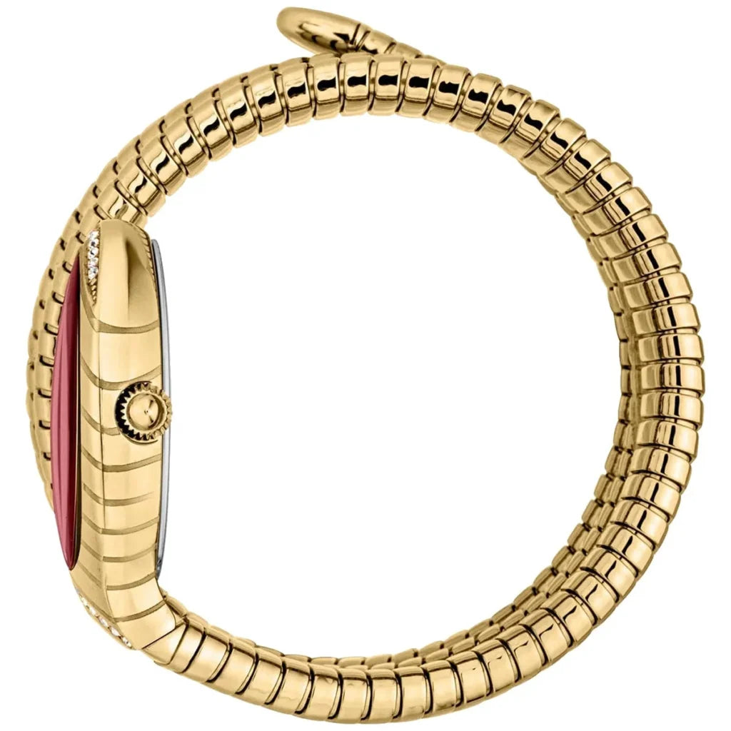 Just Cavalli Women’s JC1L248M0035 Quartz Watch – Signature Snake Design, Red Dial, Gold Stainless Steel Bracelet