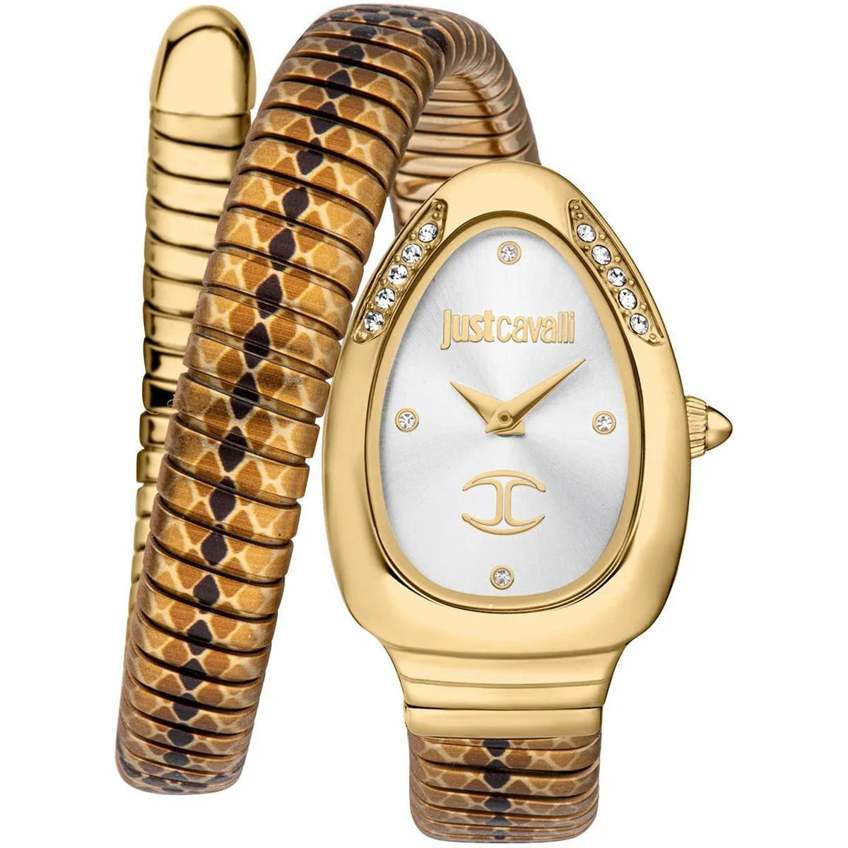 Just Cavalli JC1L251M0025 Women’s Signature Snake Watch – Gold Stainless Steel Bracelet with Silver Dial, Oval Luxury Quartz Timepiece