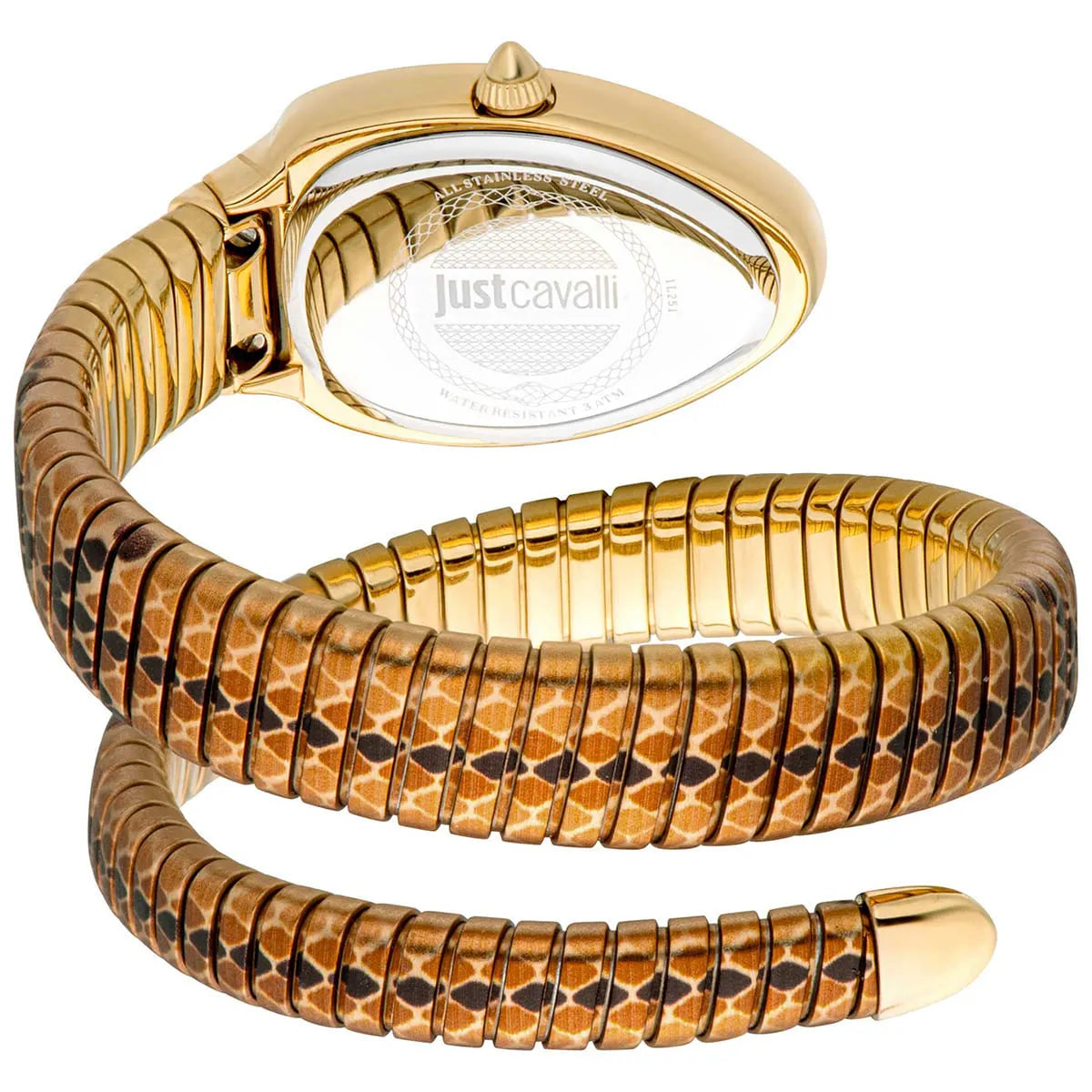 Just Cavalli JC1L251M0025 Women’s Signature Snake Watch – Gold Stainless Steel Bracelet with Silver Dial, Oval Luxury Quartz Timepiece