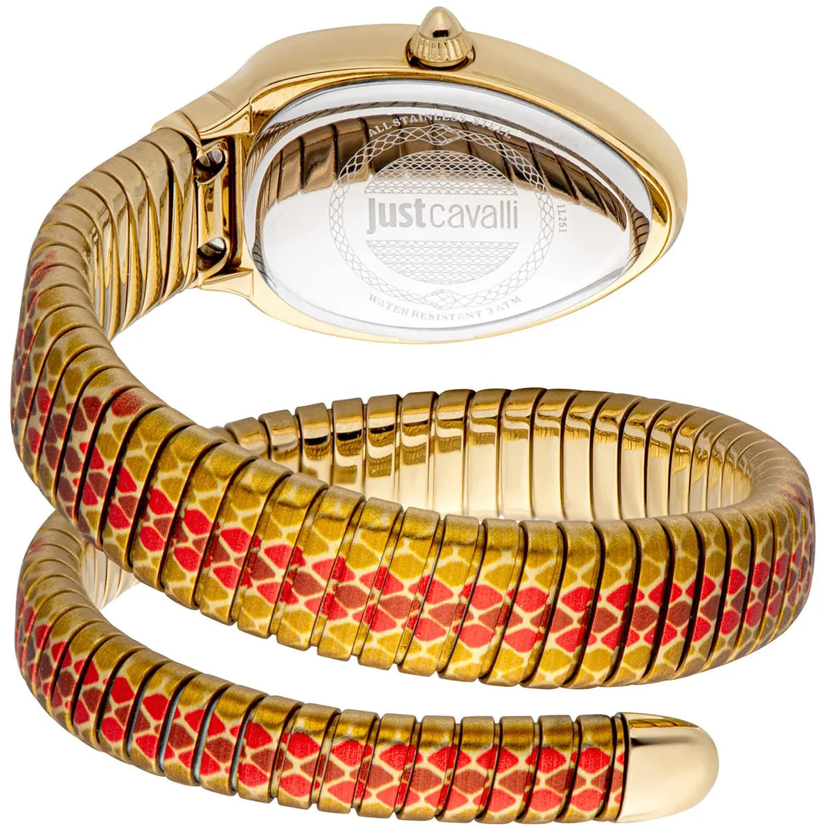 Just Cavalli Women’s JC1L251M0045 Quartz Watch – Signature Snake Design, Red Dial & Multicolored Stainless Steel Bracelet