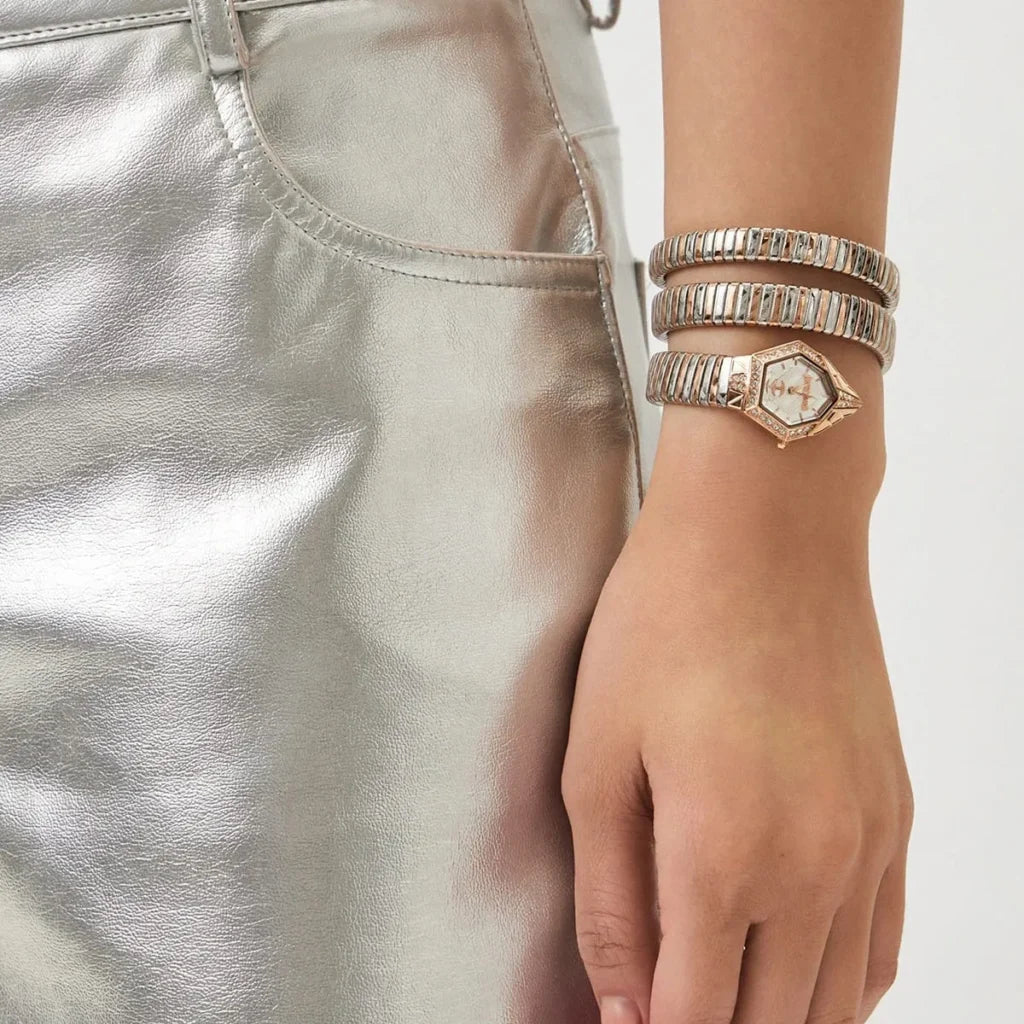 Just Cavalli Women’s JC1L304M0075 Quartz Watch – Signature Snake Design, Silver Dial & Two-Tone Stainless Steel Bracelet