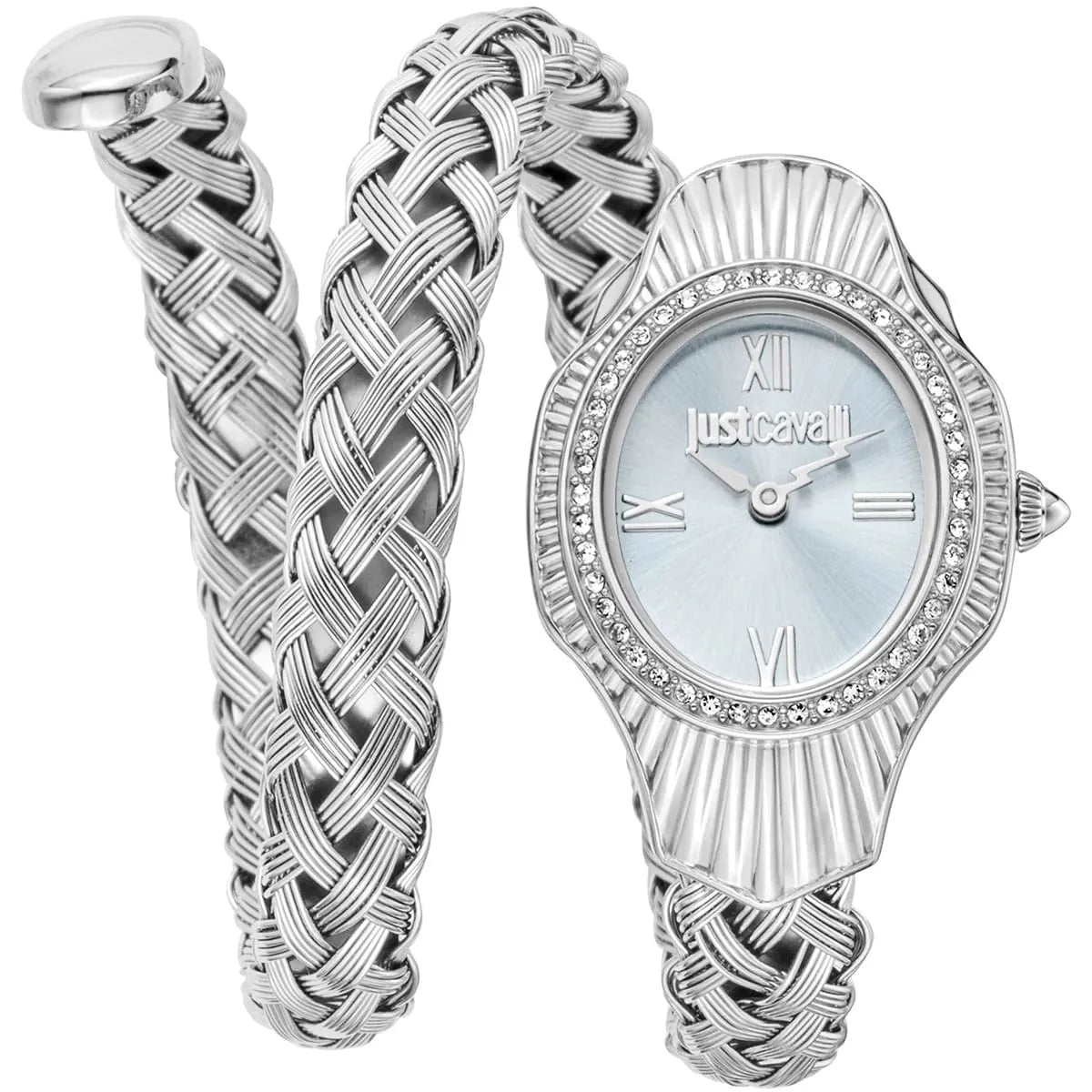 Just Cavalli Women’s JC1L305M0015 Quartz Watch – Signature Snake Design, Blue Dial, Stainless Steel Bracelet