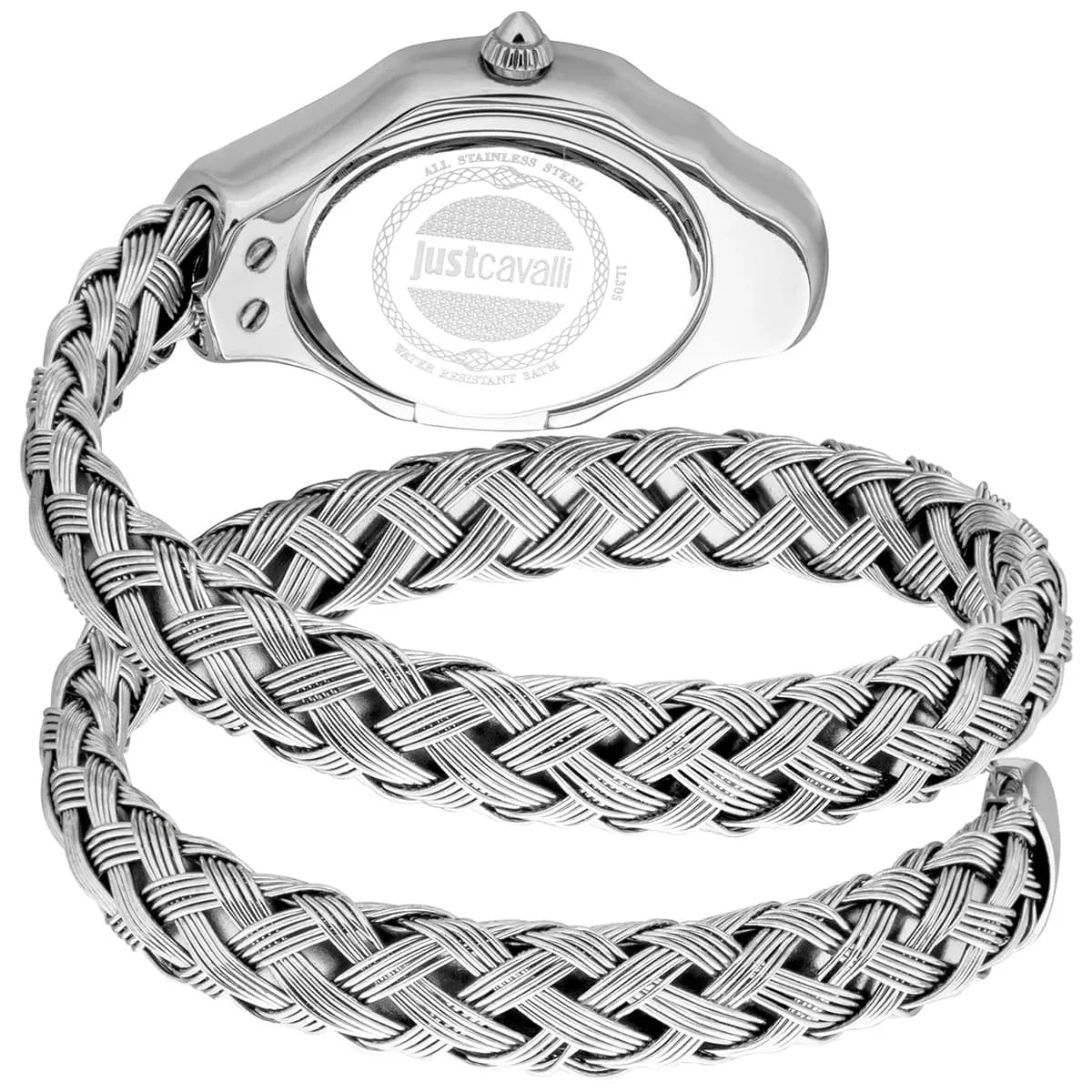 Just Cavalli Women’s JC1L305M0015 Quartz Watch – Signature Snake Design, Blue Dial, Stainless Steel Bracelet