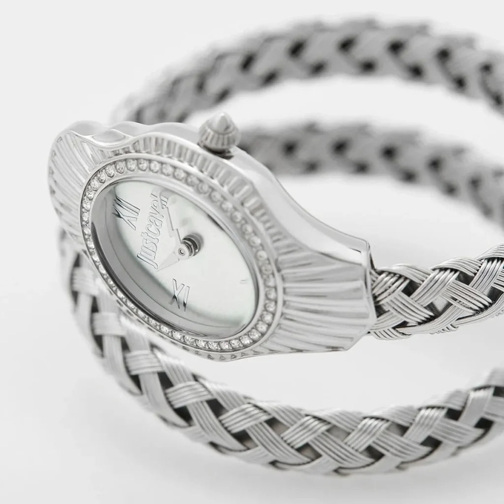 Just Cavalli Women’s JC1L305M0015 Quartz Watch – Signature Snake Design, Blue Dial, Stainless Steel Bracelet