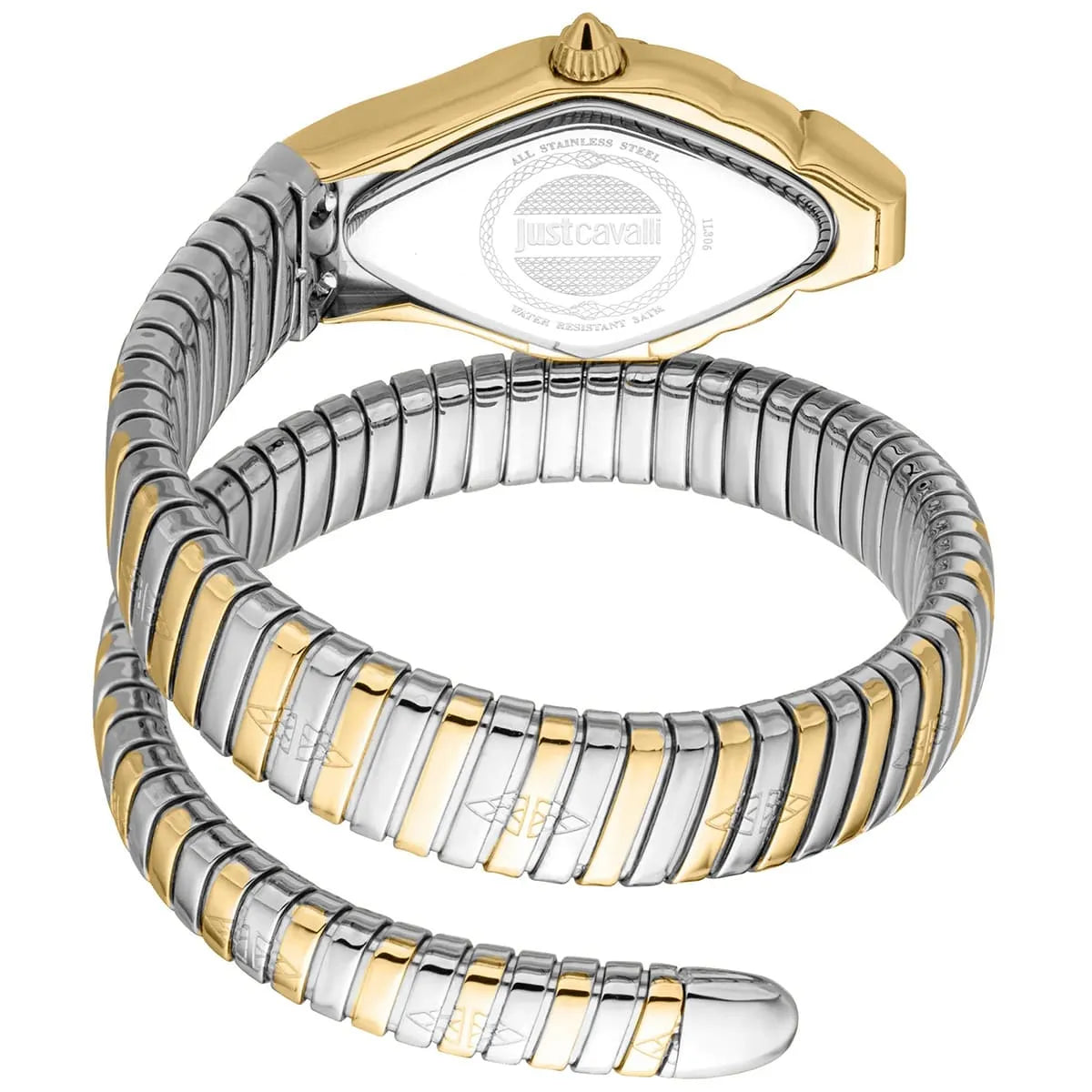 Just Cavalli JC1L306M0065 Women’s Signature Snake Watch – Two-Tone Stainless Steel Bracelet with White Dial, Rhombus Luxury Quartz Timepiece