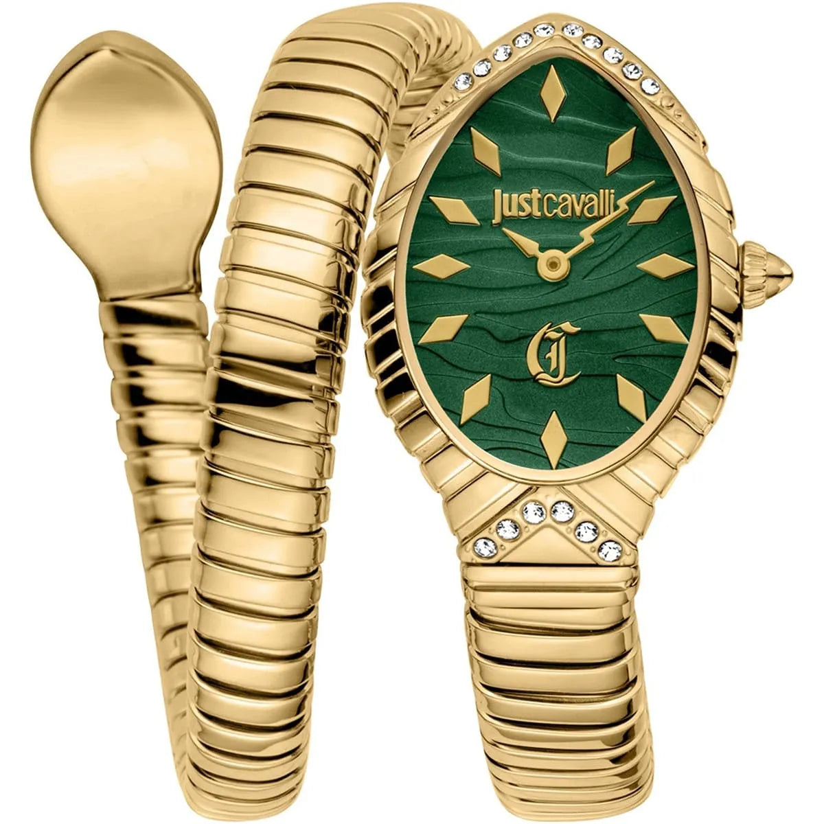 Just Cavalli JC1L322M0035 Women’s Signature Snake Watch – Gold Stainless Steel with Green Dial, 32mm Luxury Quartz Timepiece