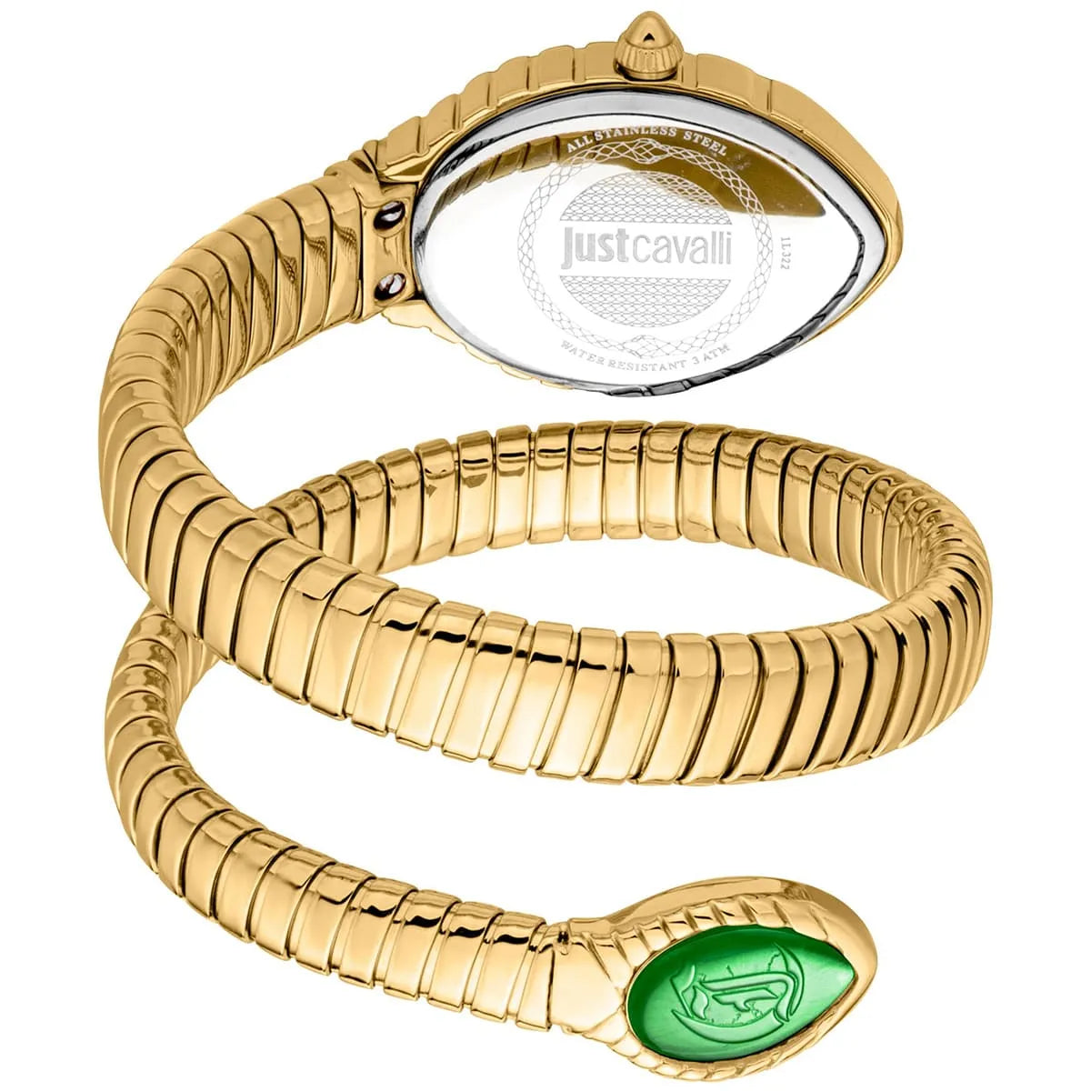 Just Cavalli JC1L322M0035 Women’s Signature Snake Watch – Gold Stainless Steel with Green Dial, 32mm Luxury Quartz Timepiece