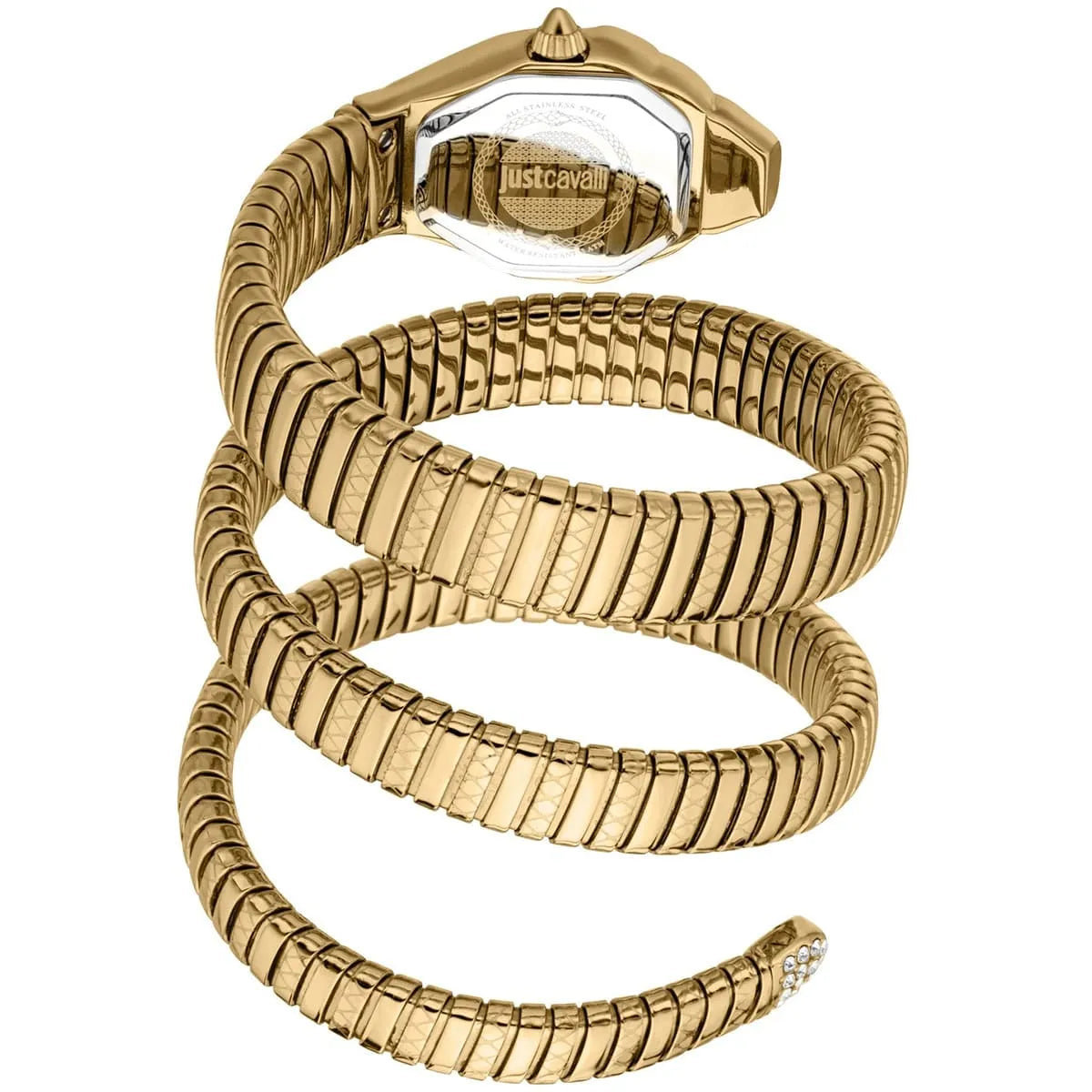 Just Cavalli Women’s JC1L370M0035 Quartz Watch – Signature Snake Design, Green Dial & Gold Stainless Steel Bracelet