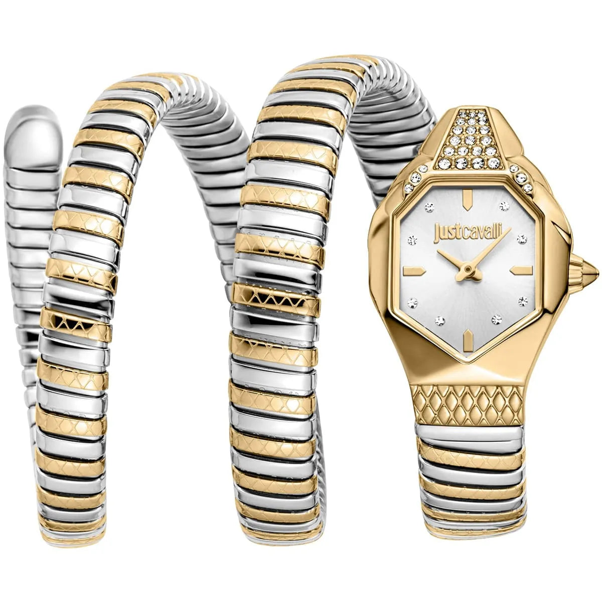 Just Cavalli JC1L370M0055 Women’s Signature Snake Watch – Two-Tone Stainless Steel Bracelet with Silver Dial, Round Luxury Quartz Timepiece