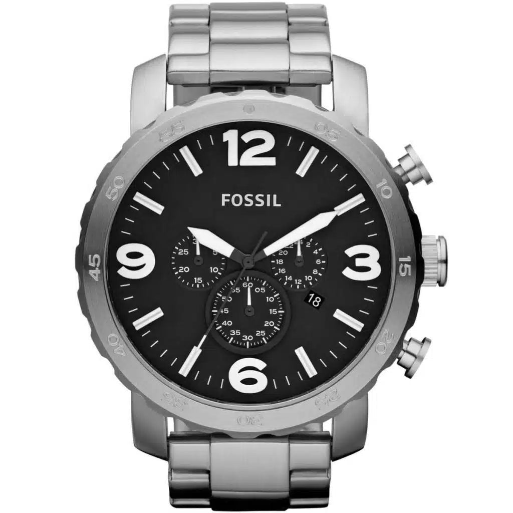 Fossil Nate JR1353 Men’s Analog Watch – 50mm Black Dial with Silver Stainless Steel Strap
