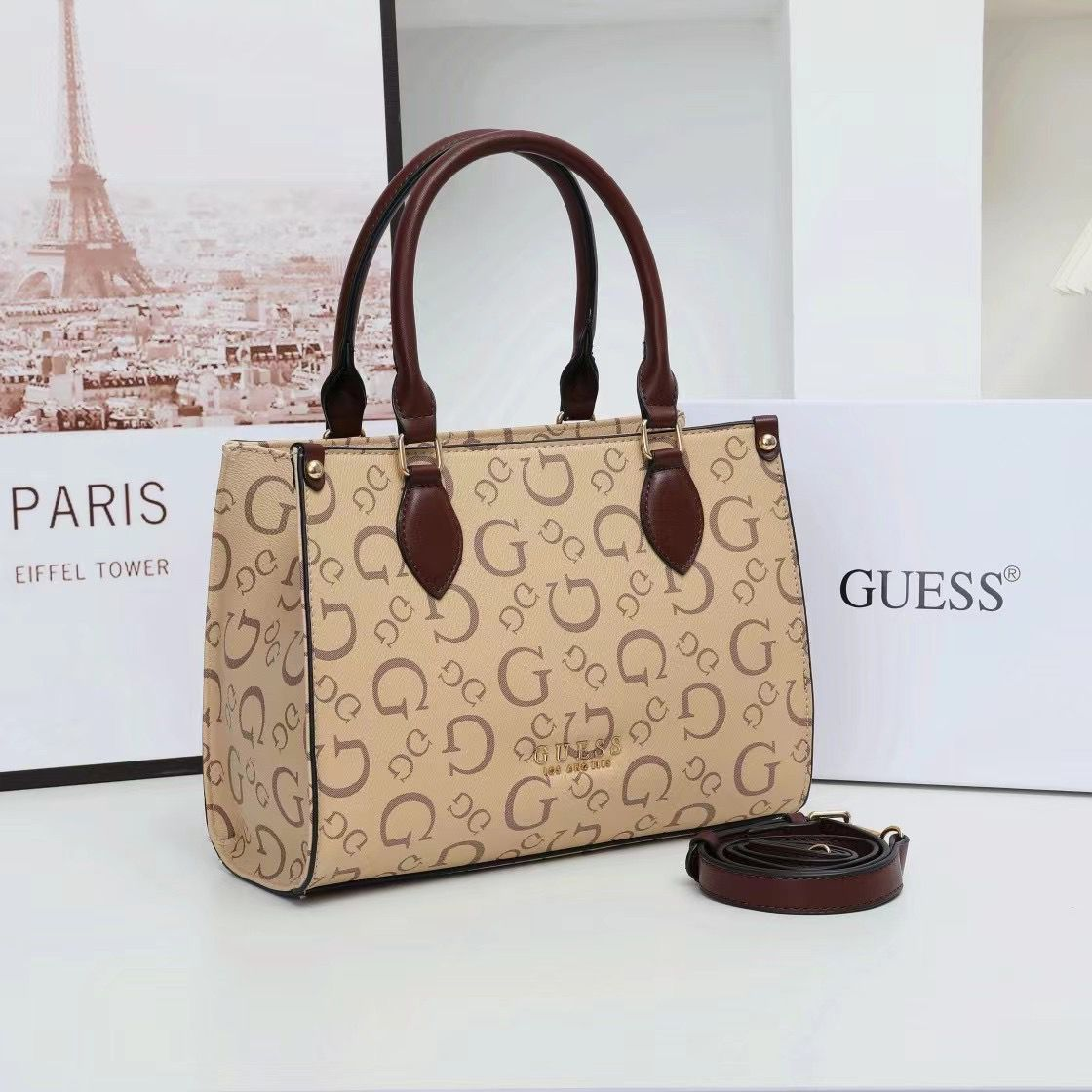 GUESS Beige Logo Crossbody Bag with Brown Handle – Women’s Designer Handbag #80