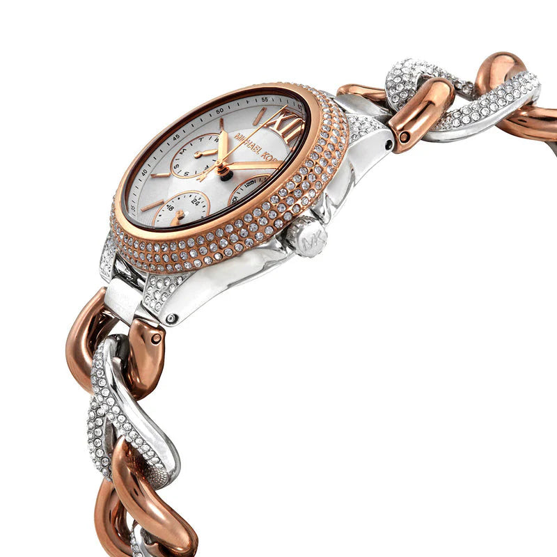 Michael Kors Camille Pavé Women’s Chronograph Watch – Two-Tone Stainless Steel with Crystal Bracelet | Silver Dial | 34mm | MK6843
