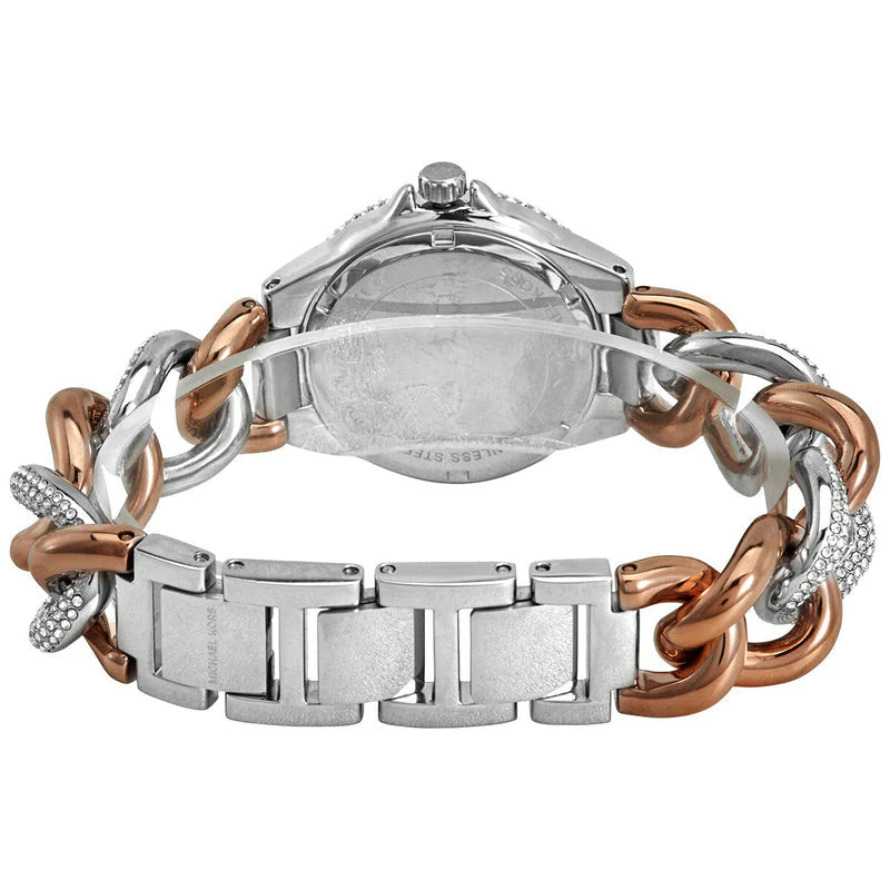 Michael Kors Camille Pavé Women’s Chronograph Watch – Two-Tone Stainless Steel with Crystal Bracelet | Silver Dial | 34mm | MK6843
