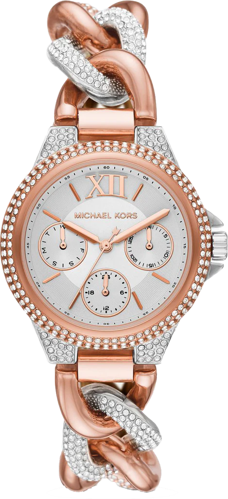 Michael Kors Camille Pavé Women’s Chronograph Watch – Two-Tone Stainless Steel with Crystal Bracelet | Silver Dial | 34mm | MK6843