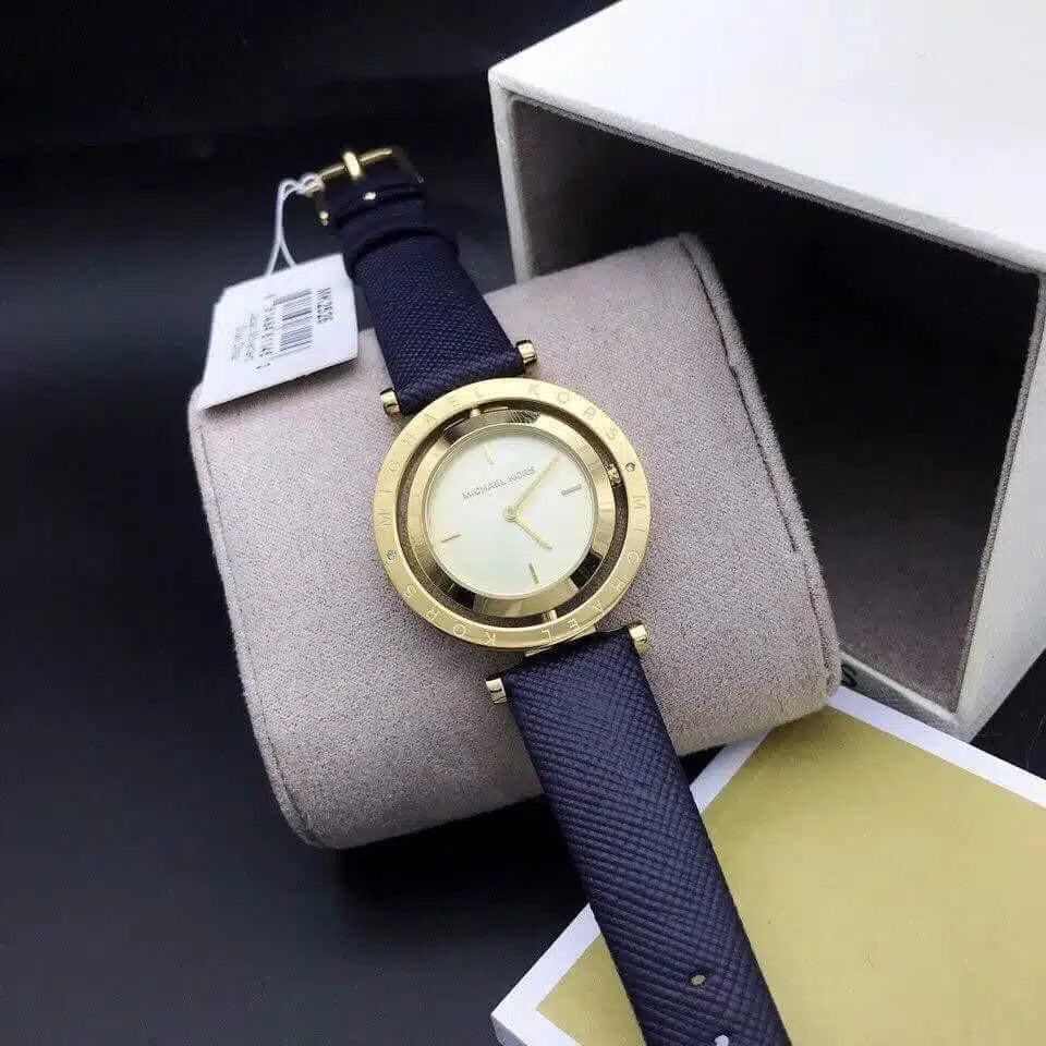 Michael Kors Averi MK2526 Women's Watch – Gold Dial, Blue Genuine Leather Strap, Quartz Movement