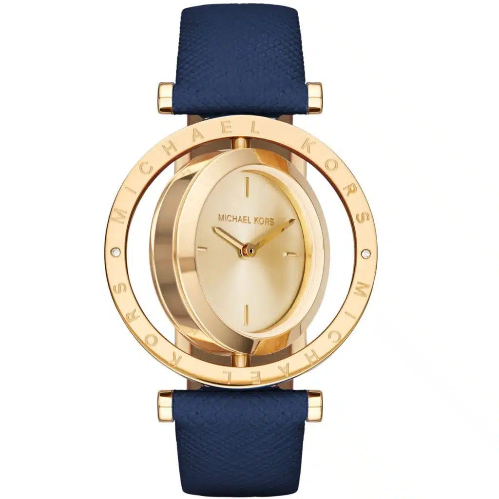 Michael Kors Averi MK2526 Women's Watch – Gold Dial, Blue Genuine Leather Strap, Quartz Movement
