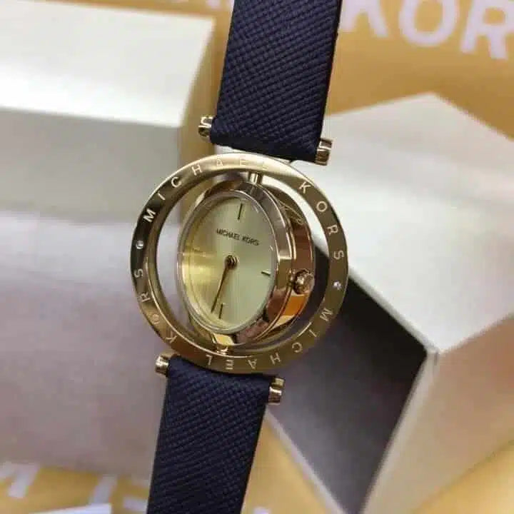 Michael Kors Averi MK2526 Women's Watch – Gold Dial, Blue Genuine Leather Strap, Quartz Movement