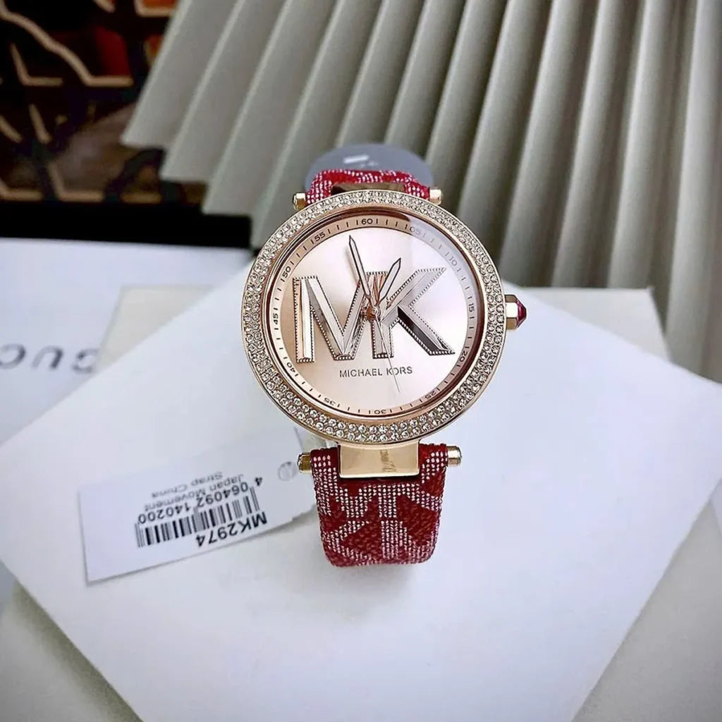 Michael Kors Women’s Analog Watch MK2974 – Rose Gold Dial with Burgundy Strap