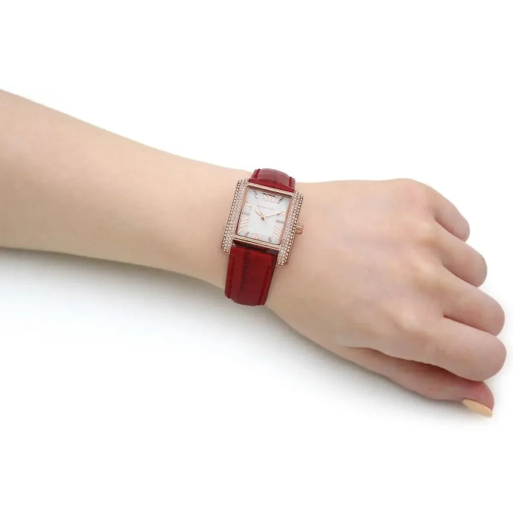 Michael Kors Emery MK4689 Women’s Watch – White Square Dial, Red Genuine Leather Strap, 33mm, Quartz Movement, 50M Water Resistant