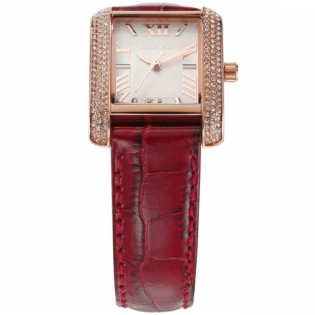 Michael Kors Emery MK4689 Women’s Watch – White Square Dial, Red Genuine Leather Strap, 33mm, Quartz Movement, 50M Water Resistant