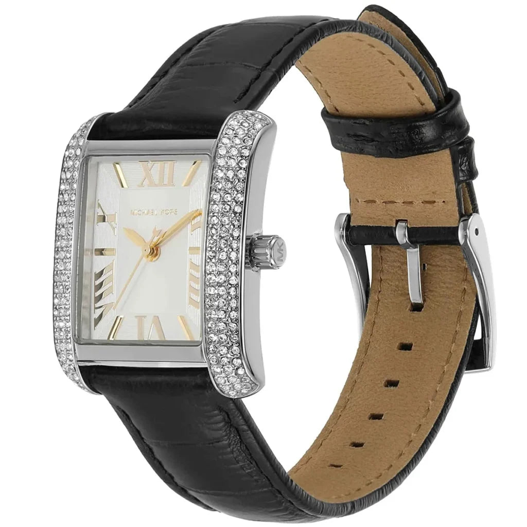 Michael Kors Emery MK4696 Women’s Watch – White Square Dial, Black Genuine Leather Strap, 27mm, Quartz Movement, 50M Water Resistant