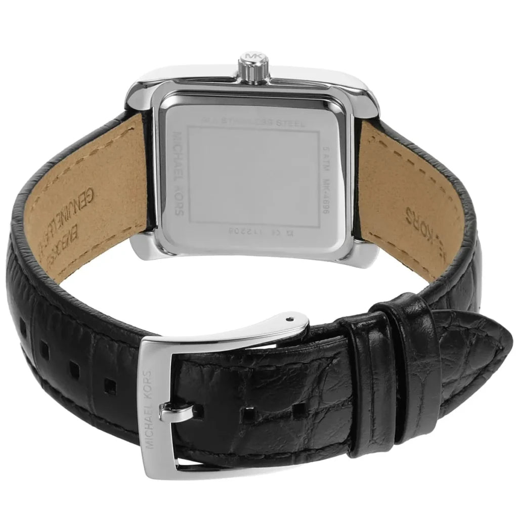 Michael Kors Emery MK4696 Women’s Watch – White Square Dial, Black Genuine Leather Strap, 27mm, Quartz Movement, 50M Water Resistant