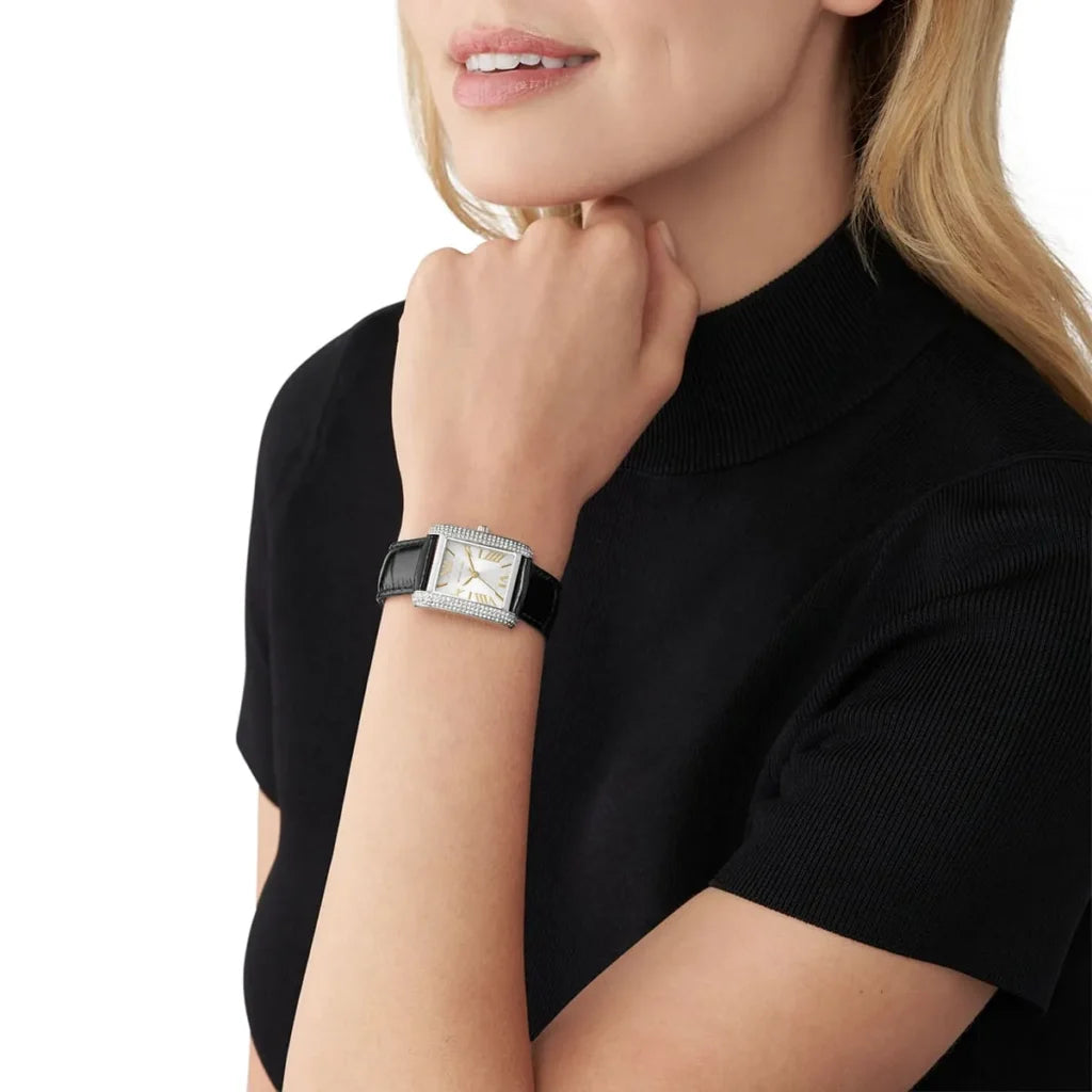 Michael Kors Emery MK4696 Women’s Watch – White Square Dial, Black Genuine Leather Strap, 27mm, Quartz Movement, 50M Water Resistant