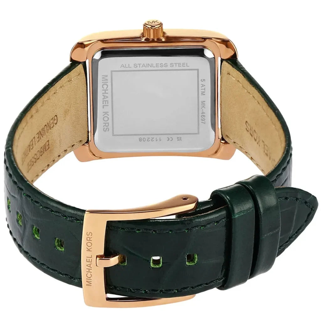 Michael Kors Emery MK4697 Women’s Watch – Black Square Dial, Green Genuine Leather Strap, 27mm, Quartz Movement, 50M Water Resistant