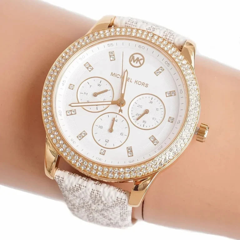 Michael Kors Tibby MK6967 Women’s Watch – White Dial & Genuine Leather Strap | 40mm Quartz Multifunction Luxury Watch