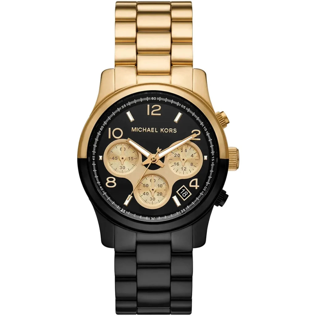 Michael Kors Runway Women’s Watch MK7328 – Black & Gold Stainless Steel Quartz Timepiece