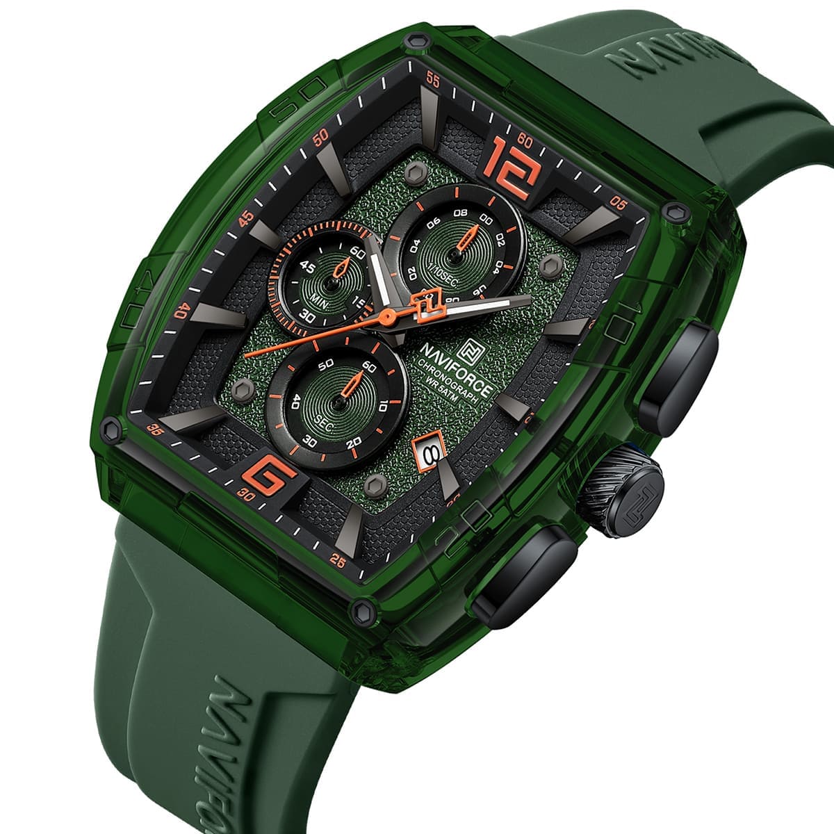 Naviforce NF6101-GN-O-GN Men’s Square Quartz Watch – Green Dial, Silicone Strap, 50M Water Resistance