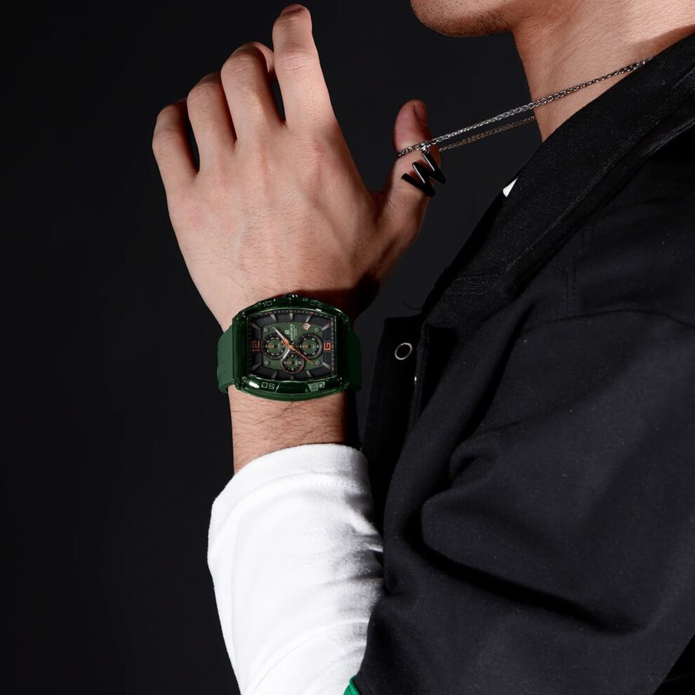 Naviforce NF6101-GN-O-GN Men’s Square Quartz Watch – Green Dial, Silicone Strap, 50M Water Resistance