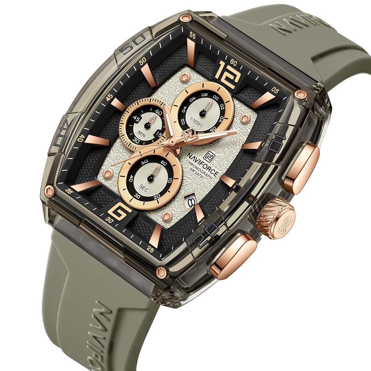 Naviforce NF6101-GY-Y-GY Men’s Analog Square Watch with Stopwatch & Monthly Date