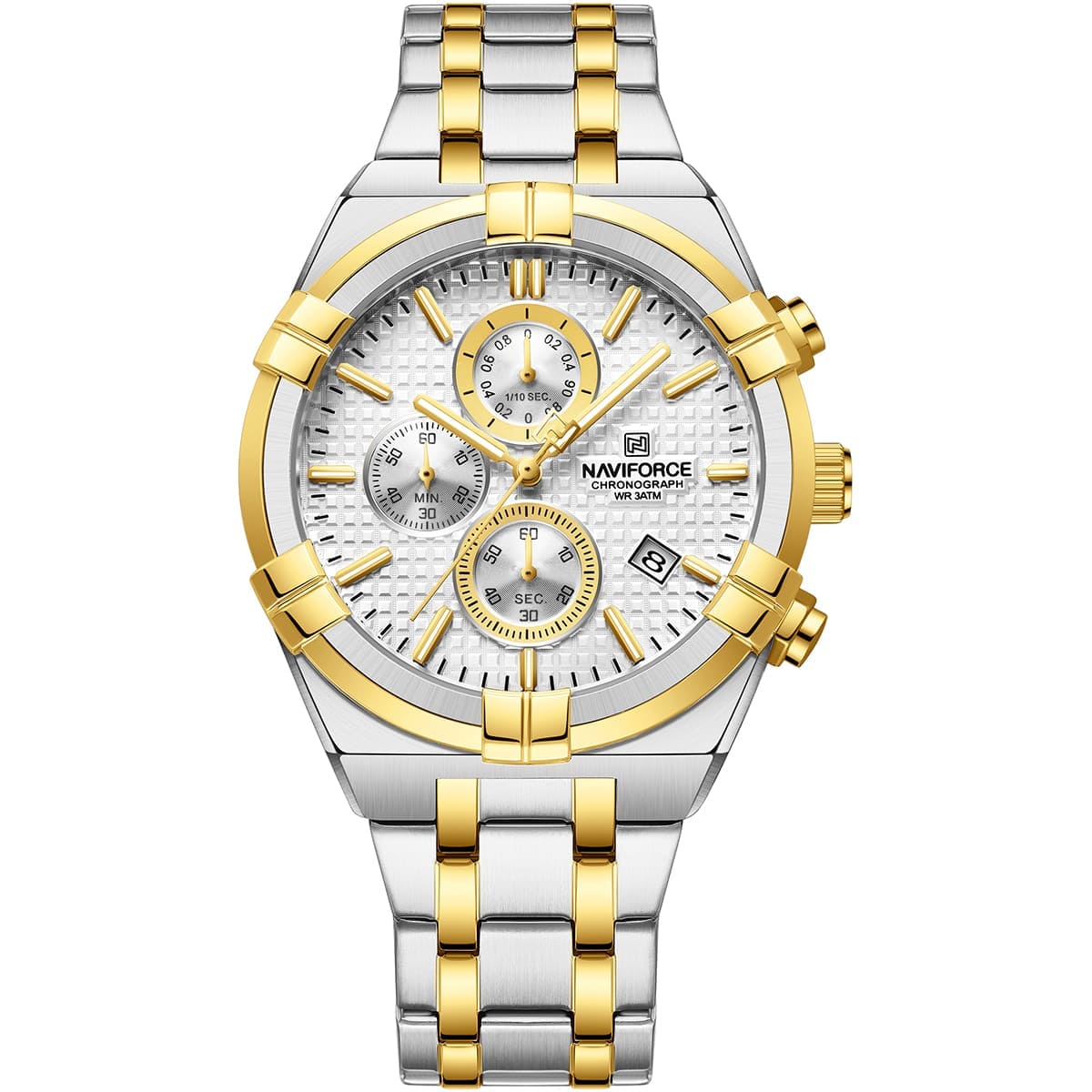 Naviforce NF8042-S-W-G Men’s Analog Round Watch with Stopwatch & Monthly Date