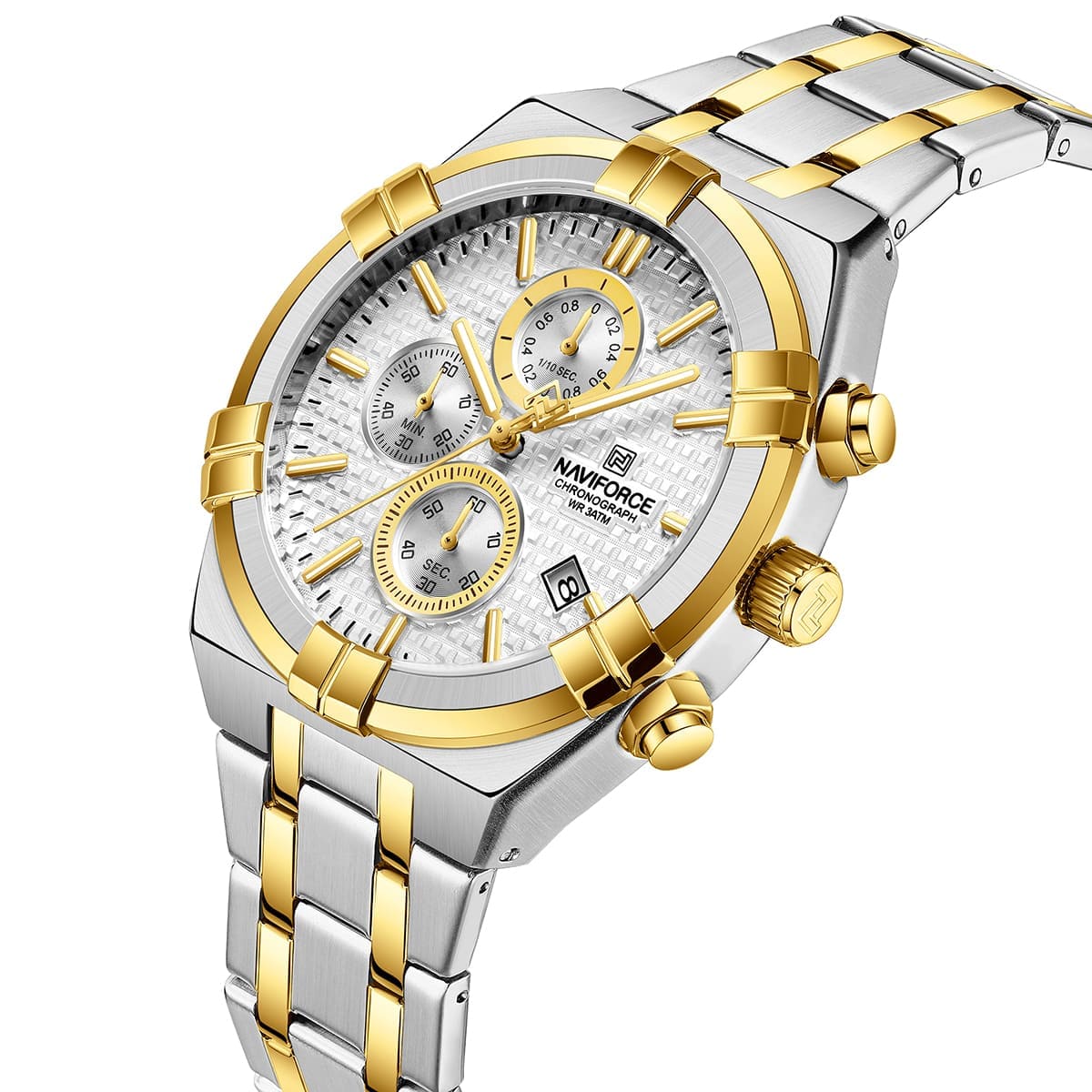 Naviforce NF8042-S-W-G Men’s Analog Round Watch with Stopwatch & Monthly Date