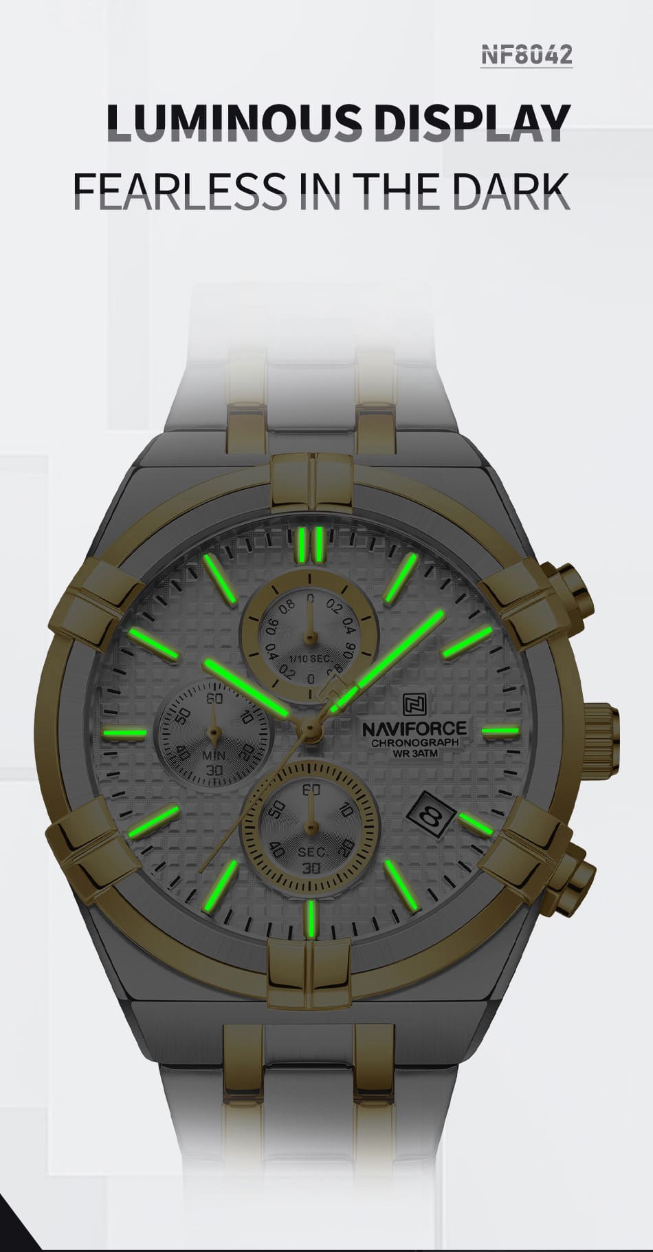Naviforce NF8042-S-W-G Men’s Analog Round Watch with Stopwatch & Monthly Date