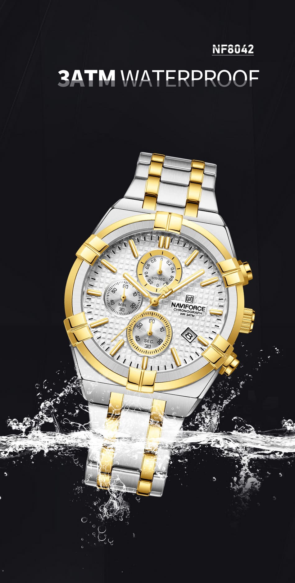 Naviforce NF8042-S-W-G Men’s Analog Round Watch with Stopwatch & Monthly Date