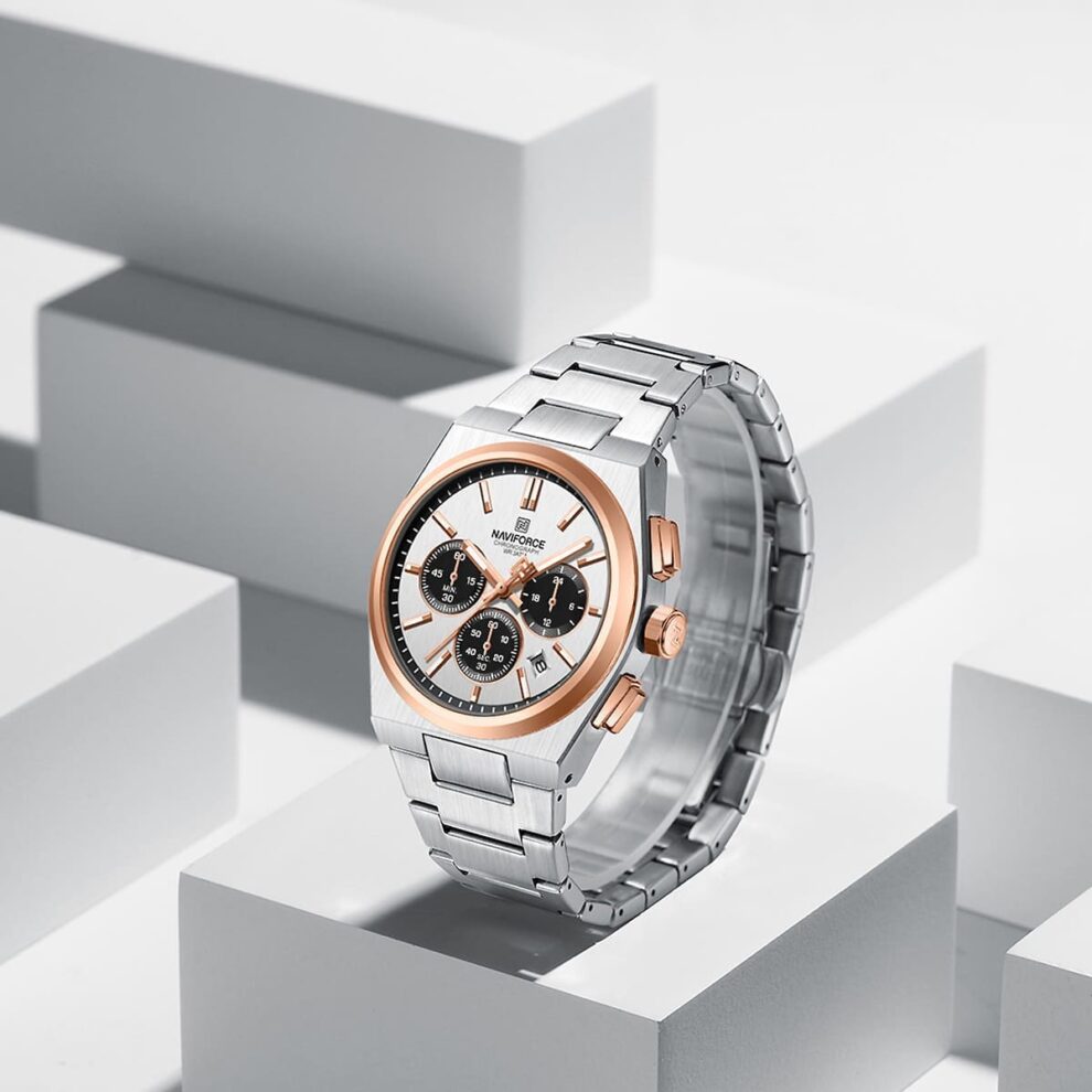 NAVIFORCE NF8048G-S-W-RG Men's Watch with Silver Stainless Steel Bracelet and White Dial