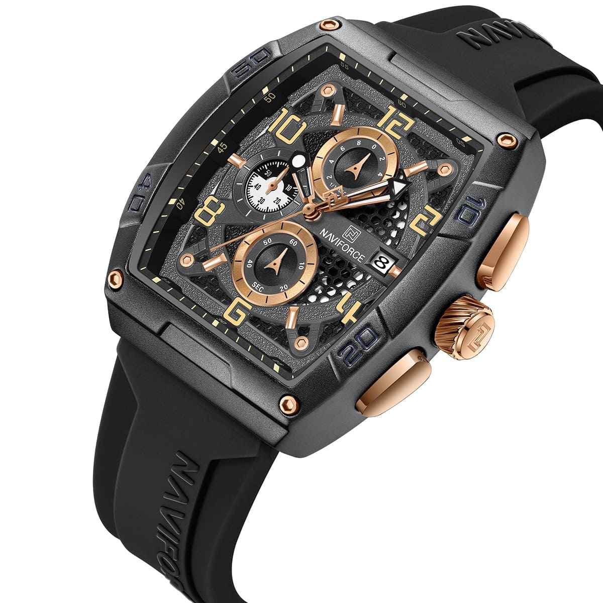Naviforce NF8052-B-RG-B Men’s Square Quartz Watch – Black Dial, Silicone Strap, Stopwatch, 30M