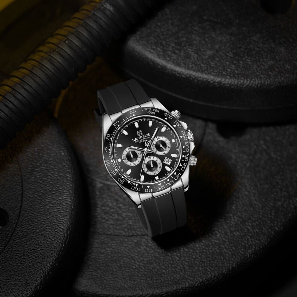 Naviforce Men’s Watch NF8054-S-B-B – Black Dial with Silicone Rubber Strap