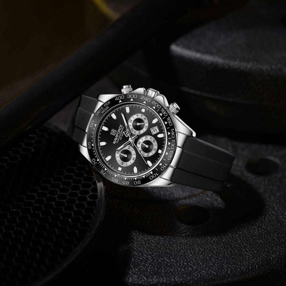 Naviforce Men’s Watch NF8054-S-B-B – Black Dial with Silicone Rubber Strap